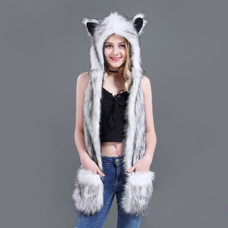 10 Styles Faux Fur Hood Animal Hat Ear Flaps Hand Pockets 3 in1 Animal Hat Wolf Plush Warm Earmuff Animal Cap with Scarf Gloves