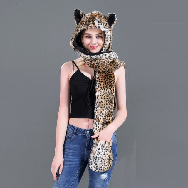 10 Styles Faux Fur Hood Animal Hat Ear Flaps Hand Pockets 3 in1 Animal Hat Wolf Plush Warm Earmuff Animal Cap with Scarf Gloves