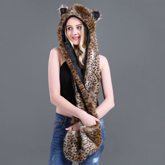 10 Styles Faux Fur Hood Animal Hat Ear Flaps Hand Pockets 3 in1 Animal Hat Wolf Plush Warm Earmuff Animal Cap with Scarf Gloves