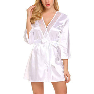 Women Sexy Lace Patchwork Long Sleeve Nightgown Kimono Satin Bath Robe Lingerie Sleepwear V-neck Nightwear