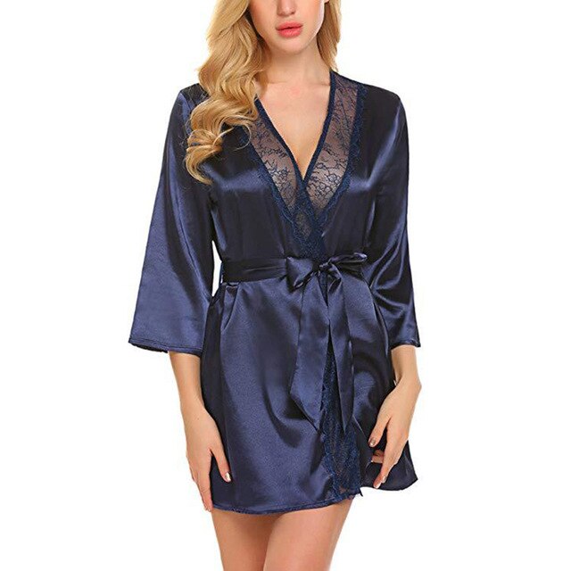 Women Sexy Lace Patchwork Long Sleeve Nightgown Kimono Satin Bath Robe Lingerie Sleepwear V-neck Nightwear