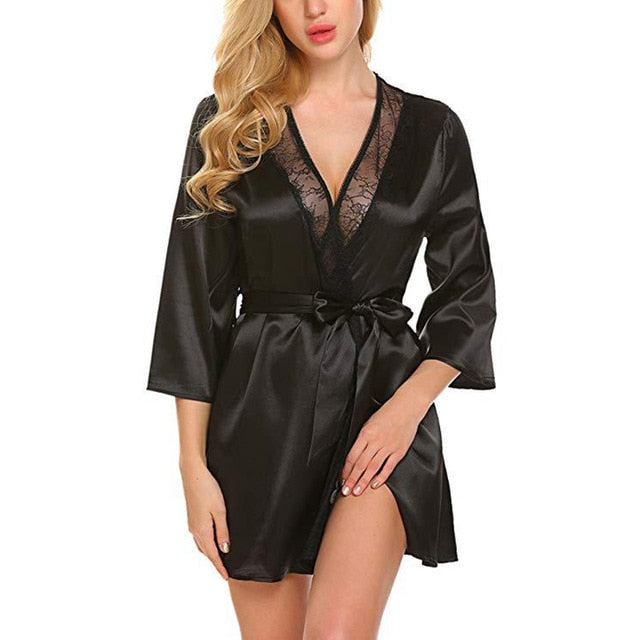 Women Sexy Lace Patchwork Long Sleeve Nightgown Kimono Satin Bath Robe Lingerie Sleepwear V-neck Nightwear