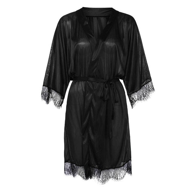 Hot Fashion Women Sexy Black Silk Satin Kimono Robe Lace Lingerie Bodydoll Sleepwear camisola de dormir feminino dressing gown