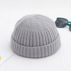 Unisex Winter Ribbed Knitted Cuffed Short Melon Cap Solid Color Skullcap Baggy Retro Ski Fisherman Docker Beanie Hat Slouchy