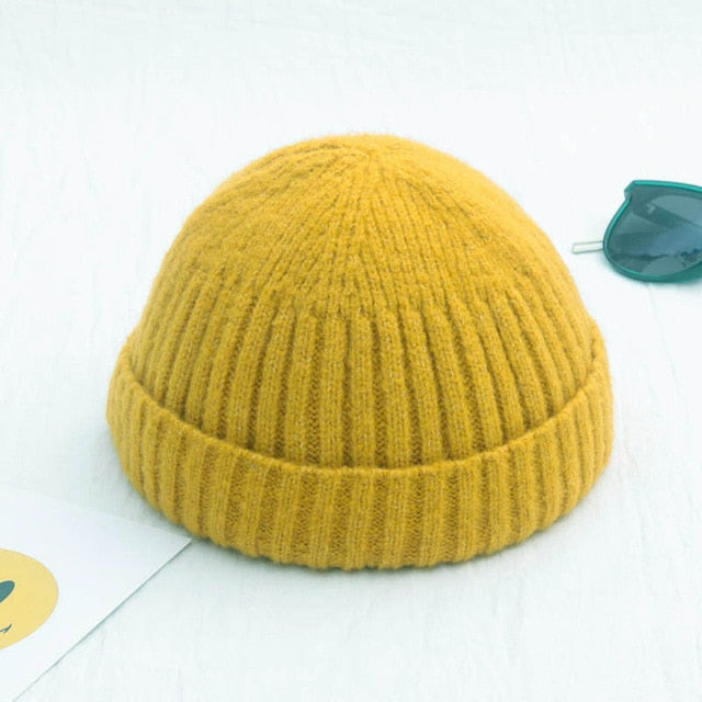 Unisex Winter Ribbed Knitted Cuffed Short Melon Cap Solid Color Skullcap Baggy Retro Ski Fisherman Docker Beanie Hat Slouchy