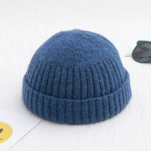 Unisex Winter Ribbed Knitted Cuffed Short Melon Cap Solid Color Skullcap Baggy Retro Ski Fisherman Docker Beanie Hat Slouchy