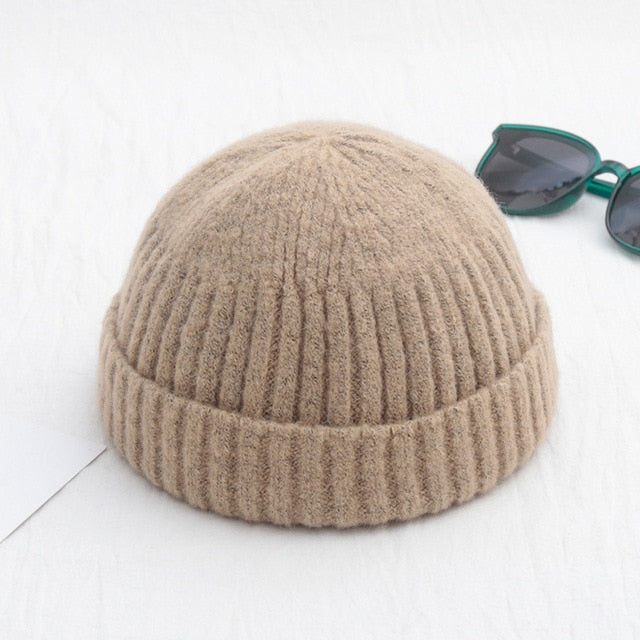 Unisex Winter Ribbed Knitted Cuffed Short Melon Cap Solid Color Skullcap Baggy Retro Ski Fisherman Docker Beanie Hat Slouchy