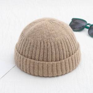 Unisex Winter Ribbed Knitted Cuffed Short Melon Cap Solid Color Skullcap Baggy Retro Ski Fisherman Docker Beanie Hat Slouchy