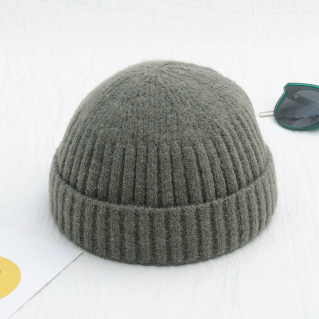 Unisex Winter Ribbed Knitted Cuffed Short Melon Cap Solid Color Skullcap Baggy Retro Ski Fisherman Docker Beanie Hat Slouchy