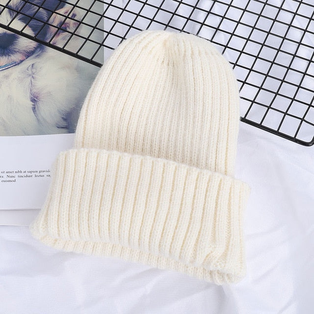 2019 New Winter Solid Color Wool Knit Beanie Women Fashion Casual Hat Warm Female Soft Thicken Hedging Cap Slouchy Bonnet Ski