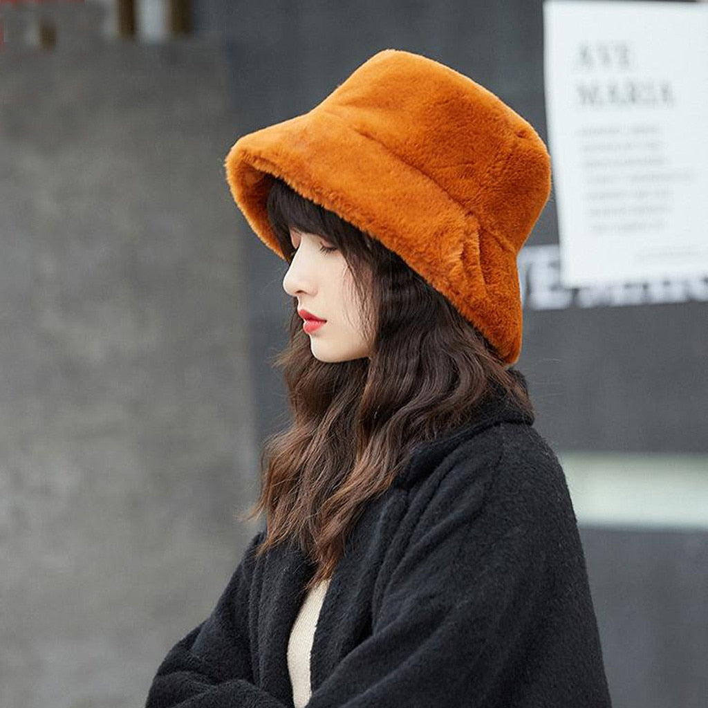 Faux Fur Winter Bucket Hat For Women Girl Fashion  Solid Thickened Soft Warm Fishing Cap Outdoor Vacation Hat Cap Lady Panama