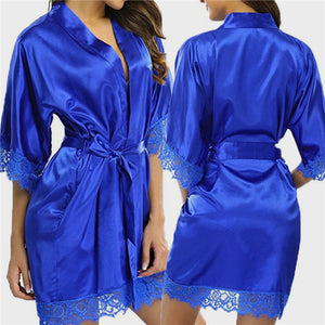 THEFOUND Women Night Gown Satin Robe Bathrobe Satin Nightgown Halt Sleeve Pajamas Lingerie Night Mini Dress Lace Sexy Sleepwear