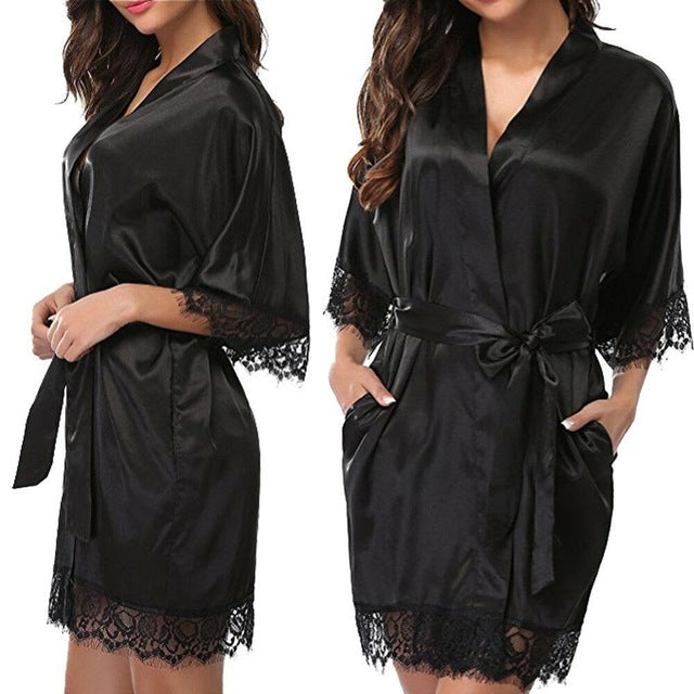 THEFOUND Women Night Gown Satin Robe Bathrobe Satin Nightgown Halt Sleeve Pajamas Lingerie Night Mini Dress Lace Sexy Sleepwear