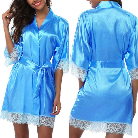 THEFOUND Women Night Gown Satin Robe Bathrobe Satin Nightgown Halt Sleeve Pajamas Lingerie Night Mini Dress Lace Sexy Sleepwear