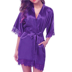 THEFOUND Women Night Gown Satin Robe Bathrobe Satin Nightgown Halt Sleeve Pajamas Lingerie Night Mini Dress Lace Sexy Sleepwear