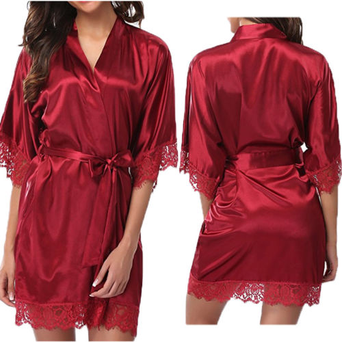 THEFOUND Women Night Gown Satin Robe Bathrobe Satin Nightgown Halt Sleeve Pajamas Lingerie Night Mini Dress Lace Sexy Sleepwear