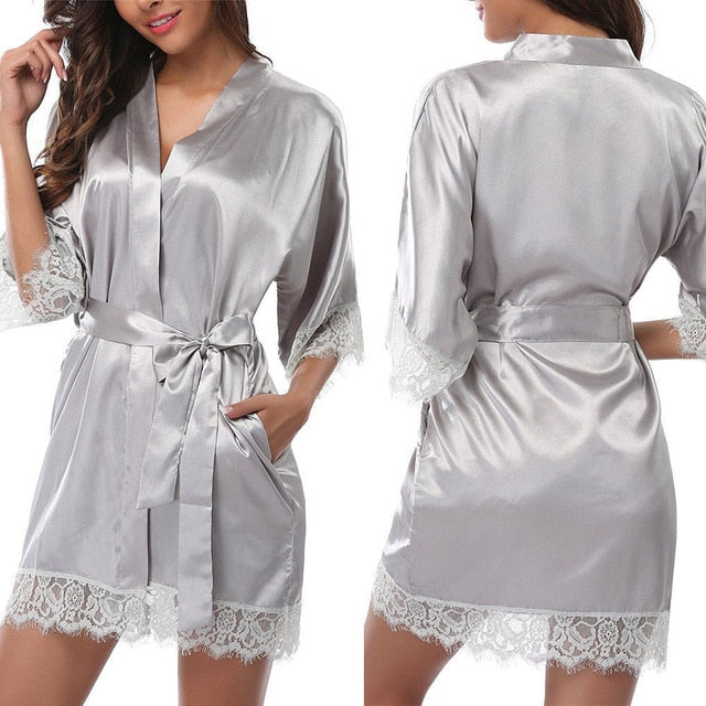 THEFOUND Women Night Gown Satin Robe Bathrobe Satin Nightgown Halt Sleeve Pajamas Lingerie Night Mini Dress Lace Sexy Sleepwear