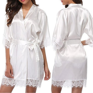 THEFOUND Women Night Gown Satin Robe Bathrobe Satin Nightgown Halt Sleeve Pajamas Lingerie Night Mini Dress Lace Sexy Sleepwear