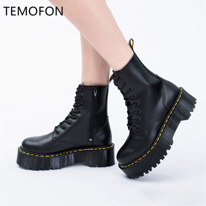 Genuine Leather Boots Woman Martin Boots Platform Women Autumn Winter Black Motorcycle Boots Waterproof Thick Heel Shoes HVT444