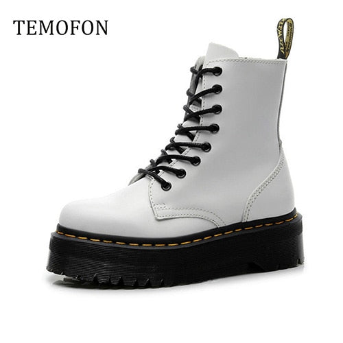 Genuine Leather Boots Woman Martin Boots Platform Women Autumn Winter Black Motorcycle Boots Waterproof Thick Heel Shoes HVT444