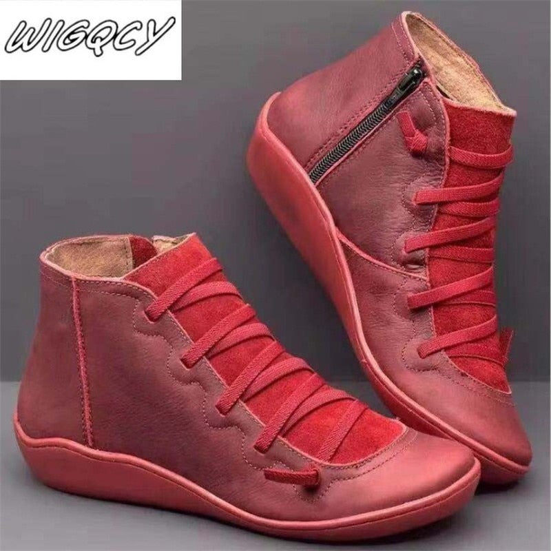 Women's PU Leather Ankle Boots Women Autumn Winter Cross Strappy Vintage Women Punk Boots Flat Ladies Shoes Woman Botas Mujer