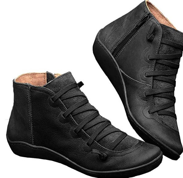 Women's PU Leather Ankle Boots Women Autumn Winter Cross Strappy Vintage Women Punk Boots Flat Ladies Shoes Woman Botas Mujer