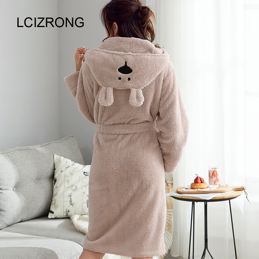 Winter Cute Warm Bathrobes Women Cartoon Bear Rabbit Knee-Length Bath Robe Dressing Plus Size Soft Gown Bridesmaid Robes Female