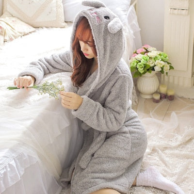 Winter Cute Warm Bathrobes Women Cartoon Bear Rabbit Knee-Length Bath Robe Dressing Plus Size Soft Gown Bridesmaid Robes Female