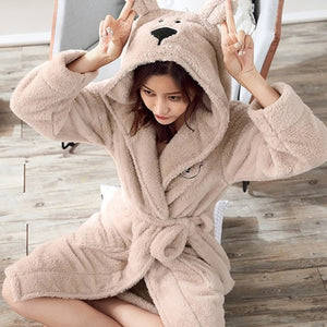 Winter Cute Warm Bathrobes Women Cartoon Bear Rabbit Knee-Length Bath Robe Dressing Plus Size Soft Gown Bridesmaid Robes Female