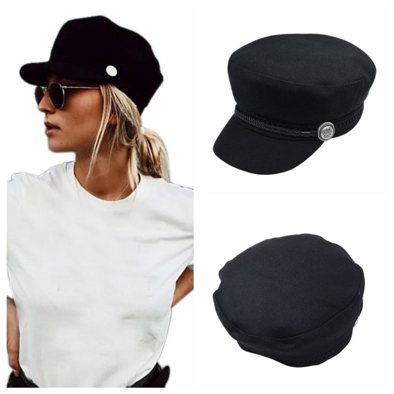 Fashion black Hat Winter Cap Wool Hat Women Button Cap Casual Street wear rope flat Cap Elegant Solid Autumn