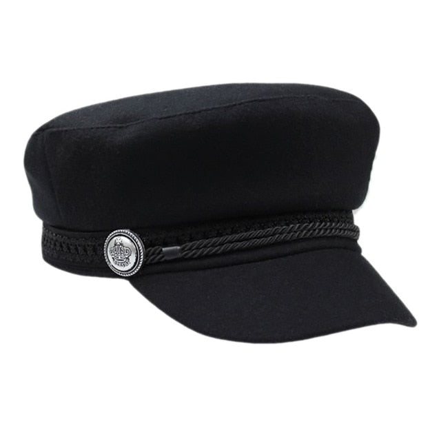 Fashion black Hat Winter Cap Wool Hat Women Button Cap Casual Street wear rope flat Cap Elegant Solid Autumn