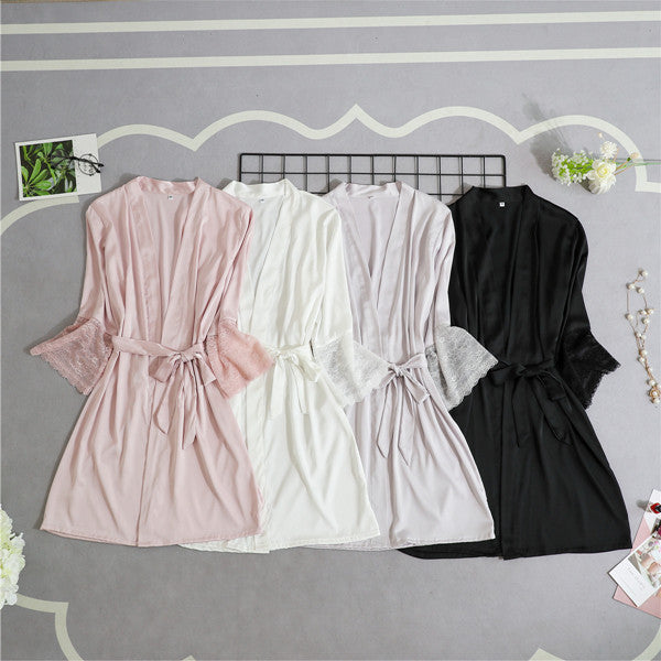 Women Silk Satin Short Night Robe Solid Kimono Robe Sexy Lace Trim Bathrobe Peignoir Bride Bridesmaid Robe Fashion Dressing Gown