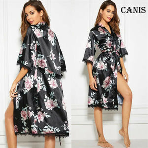 Women Ladies Sexy Floral Print Bathrobes Satin Silk Bridesmaid Robe Long Nightgown Sleepwear Pajamas Lingerie Night Dress Gowns